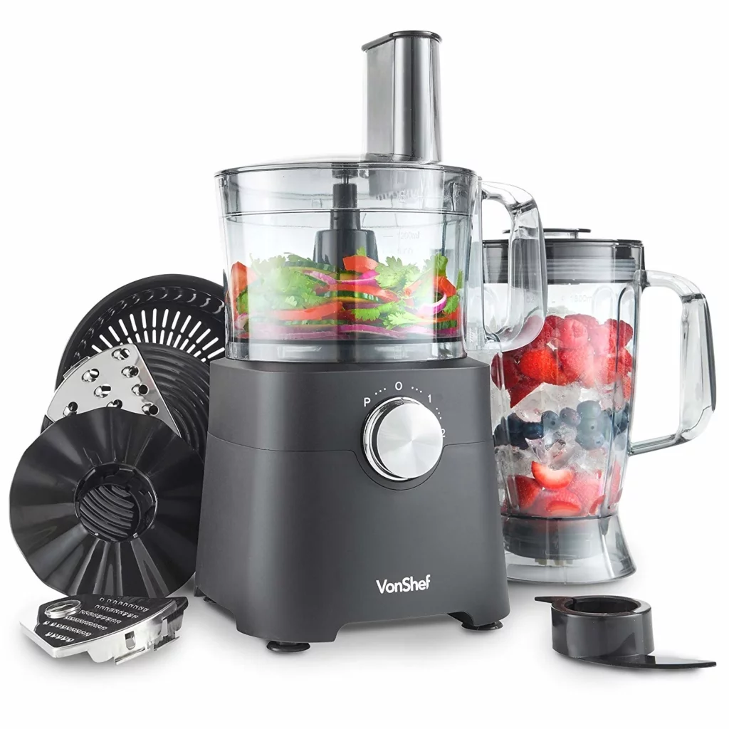 VonShef 750W Food Processor - Blender, Chopper, Multi Mixer Machine with Dough Blade, Shredder & Grater Attachment â€“ 2L Mixing Bowl & 1.8L Jug