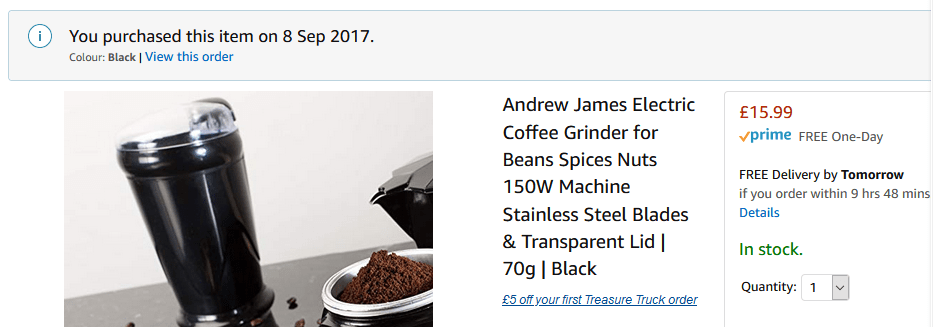 Amazon order of Andrew James coffee grinder