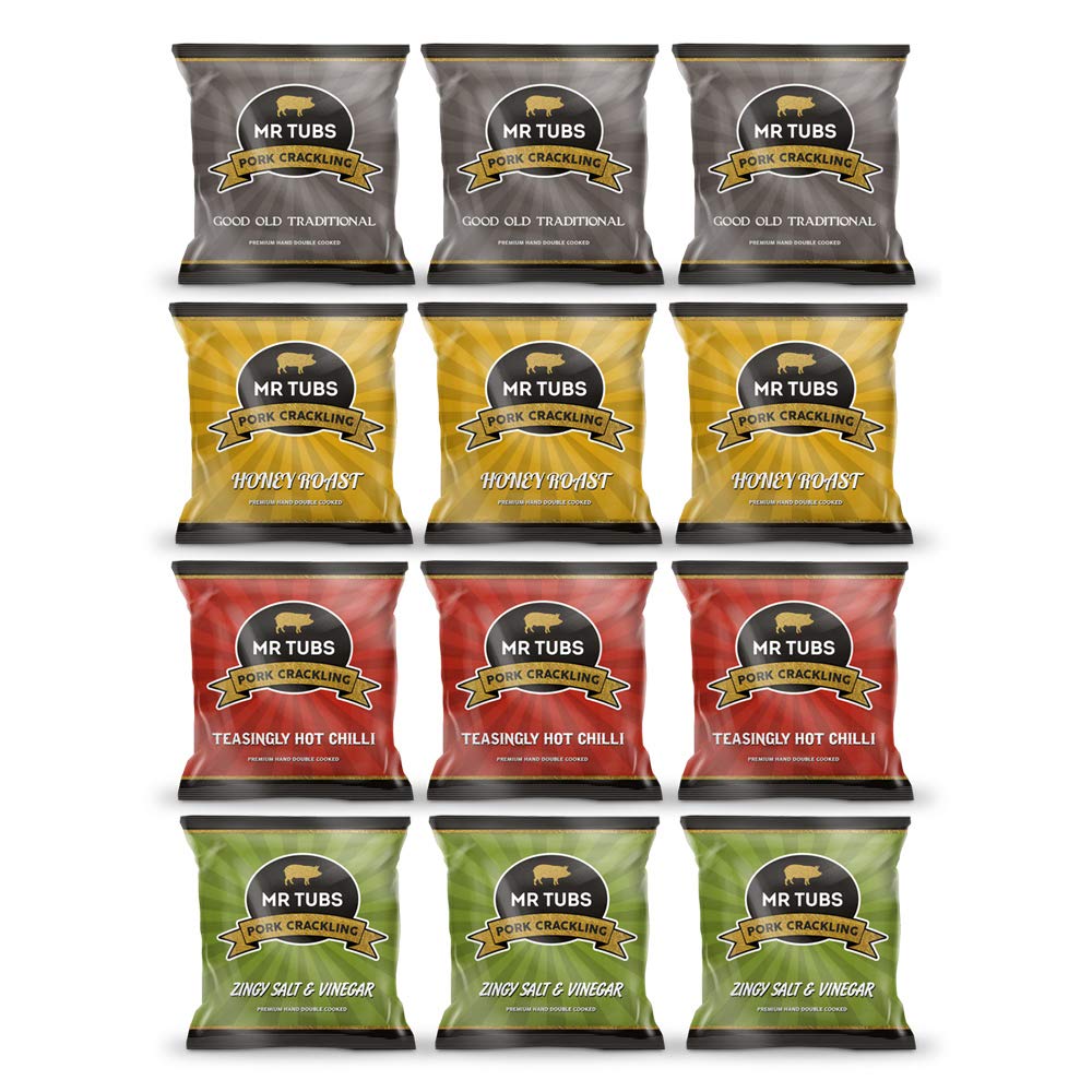 Mr Tubs Premium Double Hand Cooked Pork Crackling - 12 Foil Bags - Mixed Flavours