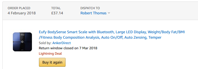 Eufy BodySense Smart Scale order history on Amazon.