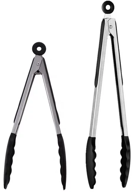 iNeibo Kitchen Premium Silicone Tongs - Pack of 2, 9"and 12" - Non-slip & Easy Grip Stainless Steel Handle - Smart Locking Clip - Heat Resistant, Food Grade - Handy Utensil For Cooking, Serving, Barbecue, Buffet, Salad, Ice, Oven (Black)