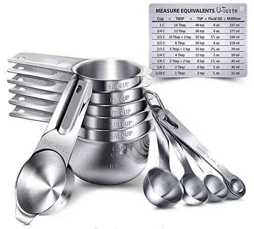U-Taste Measuring Cups and Spoons Set of 15 in 18/8 Stainless Steel, 7 Measuring Cups and 7 Measuring Spoons with 2 D-Rings and 1 Professional Magnetic Measurement Conversion Chart