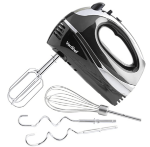 VonShef Professional 300W Hand Mixer, Black, Includes Chrome Beaters, Dough Hooks, Balloon Whisk + 5 Speed with Turbo Button 