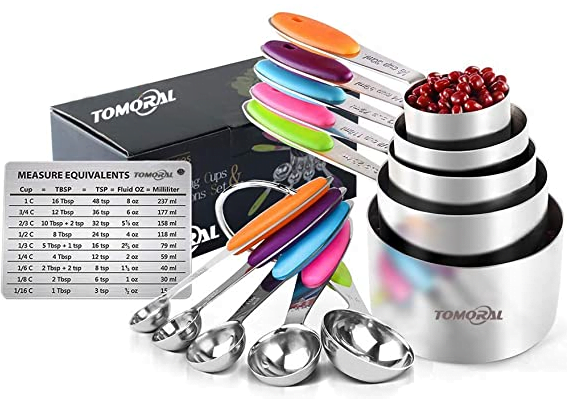 TOMORAL Measuring Cups and Spoons Set of 13, Durable 304 Stainless Steel 5 Measuring Cups and 5 Measuring Spoons with 2 O Rings and Magnetic Measurement Conversion Chart 