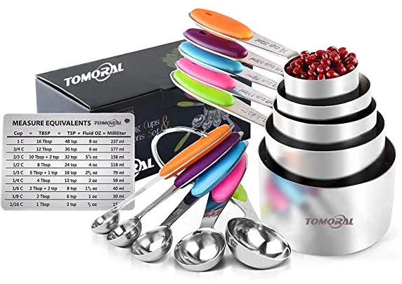 TOMORAL Measuring Cups and Spoons Set of 13, Durable 304 Stainless Steel 5 Measuring Cups and 5 Measuring Spoons with 2 O Rings and Magnetic Measurement Conversion Chart 