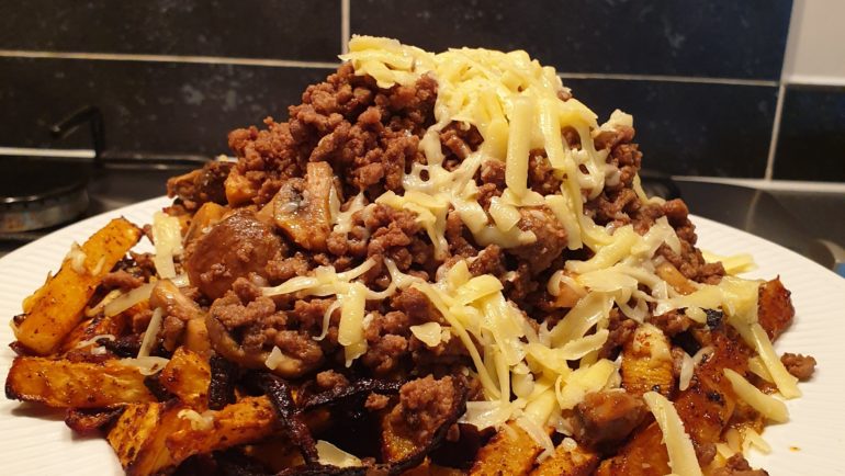 loaded swede fries with cheese and beef mince
