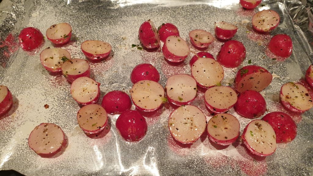 keto roasted radishes on baking sheet